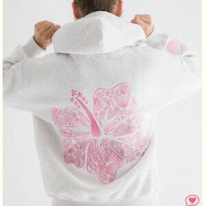 Pink Palm Puff  "Hawaii Hibiscus" Hoodie in Heather Cloud size small
